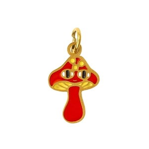 Vue détaillée d'un pendentif champignon en émail rouge avec des accents métalliques dorés