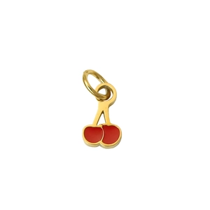Close-up of a red cherry charm pendant with gold plating and dual rings for DIY jewelry