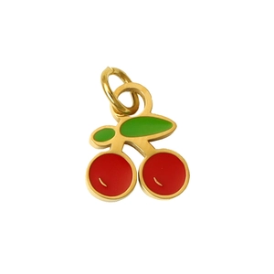 Detailed macro view of cherry-shaped enamel pendant with gold trim and green leaf