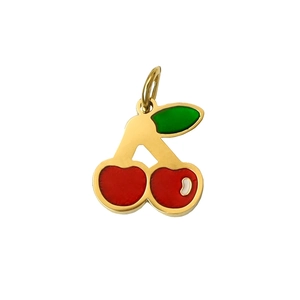 Detailed close-up of a red cherry pendant with green leaves and a golden metal clasp