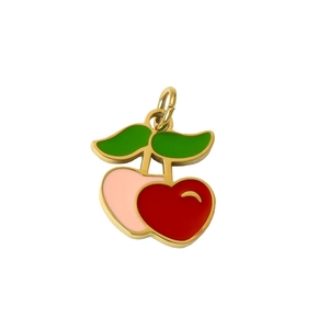 Gold cherry pendant with heart-shaped red drip oil design and green leaves for DIY jewelry