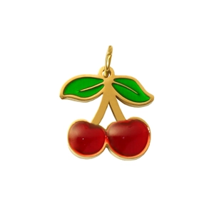 Golden cherry pendant with red and green enamel coating for DIY necklace jewelry