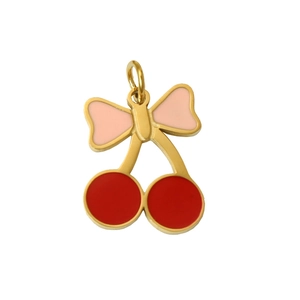 Macro detail of red cherry pendant with pink bowknot for DIY necklace making