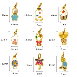 Detailed grid of assorted colorful enamel charms with precise millimeter measurements