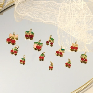Set of 11 cherry pendant charms with gold metal and red drip oil finish for DIY jewelry