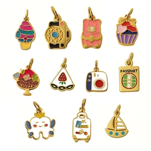 Set of 11 colorful enamel DIY pendants featuring sweets and travel icons on gold alloy