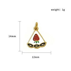 Enameled strawberry pendant 14x12mm with golden metal base for DIY jewelry making