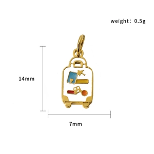 Enamel suitcase charm pendant in gold metal, measures 14x7mm and weighs 0.5g