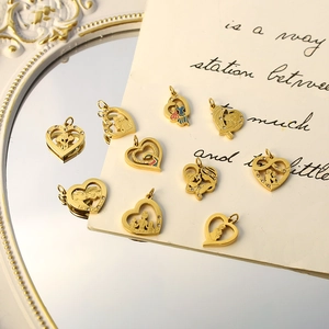 Hollow heart stainless steel pendants with gold plating and zircon for jewelry making