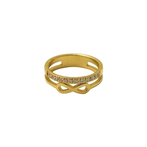Bague double rangée dorée avec symbole infini et pavage de zircons blancs brillants