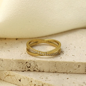 Stainless Steel Crossover Rhinestone Ring For Women Minimalist Geometric Double Layer Finger Ring Fashion Jewelry Accessory