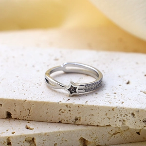 Elegant adjustable silver star ring with crystal inlay and dual row of sparkling zirconia