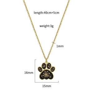 Gold stainless steel dog paw necklace with black enamel inlay and 40cm+5cm chain specs