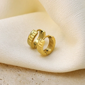 Minimalistische gouden roestvrijstalen creolen met een verticaal gestreept design