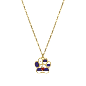 Golden dog paw pendant necklace featuring blue white stripes and red heart star design