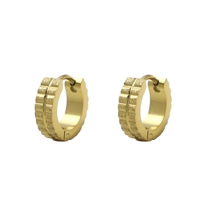 Minimalist gold frosted gear textured hoop earrings with a matte and polished dual-layer finish