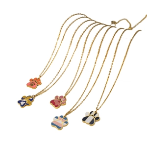 Five colorful cat paw print necklaces with gold stainless steel chains for women