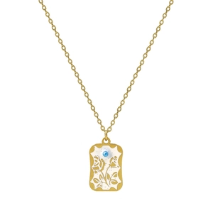 Collana con ciondolo a tarocchi dorati con motivo a rose e perla blu su sfondo bianco