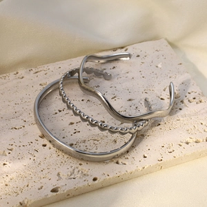 Ensemble de bracelets ouverts réglables argentés avec motifs de vagues et de cœurs
