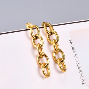 Minimalist gold link chain drop earrings with polished oval loops for women