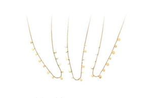 Detailed view of minimalist gold necklaces featuring oval, rectangular, and round charms