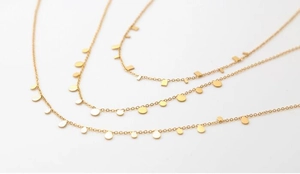 Close-up of gold geometric necklace set featuring round, teardrop, and rectangular pendants