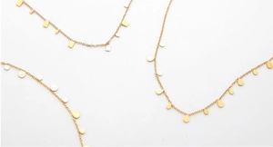 Detail of gold geometric necklaces featuring rectangle, circle and teardrop charms