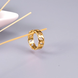 Fashionable 18K gold plated stainless steel Cuban link hollow wide band ring for women