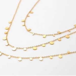 Minimalist gold necklace featuring geometric round, square and teardrop charm pendants