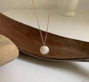 Summer freshwater pearl button necklace with 18K titanium steel gold chain for women