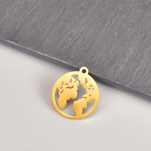 Pendentif Carte du Monde Ajouré Circulaire en Acier Inoxydable Charm pour DIY Fabrication de Collier Plaqué Or 18K Acier au Titane