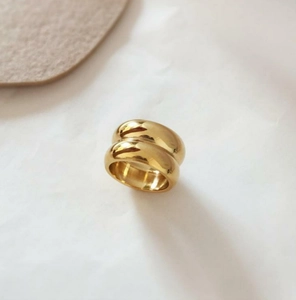 Detailansicht eines goldenen zweischichtigen Edelstahlrings mit hochglanzpoliertem Finish