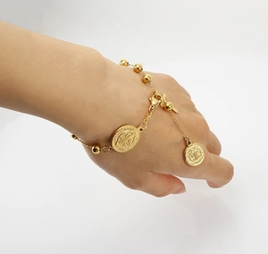 Bracelet religieux en acier inoxydable doré 18K avec perles, médaille Marie et croix