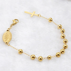 Bracelet chapelet en acier inoxydable plaqué or 18K avec croix et médaille de Marie