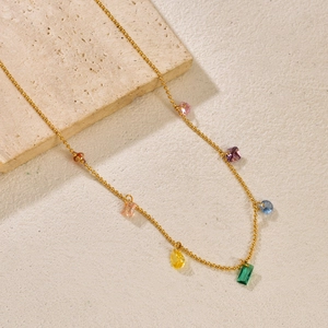 Dopamine Style Titanium Steel Colorful Zirconia Heart Water Drop Pendant Necklace 18K Gold Plated Jewelry For Women