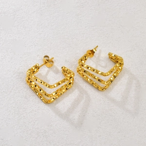 Golden multi-layer V-shape square earrings with hammered texture for women