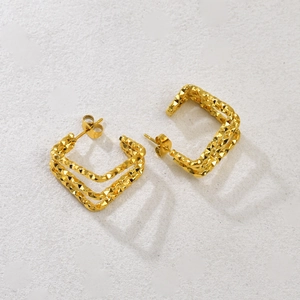 Square textured gold stainless steel layered hoop earrings with diamond-cut pattern