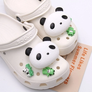 Cute panda charms for clogs including 3D plush panda heads and bamboo panda shoe accessories