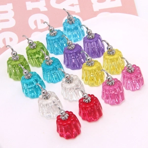 Colorful jelly-shaped resin earring pendants set with silver hooks on white background