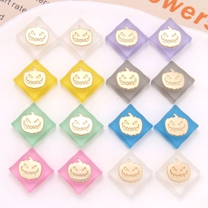 Translucent matte resin square charms with golden pumpkin faces for DIY Halloween jewelry