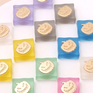 Square frosted resin pumpkin beads for DIY jewelry with gold metal Halloween face charms