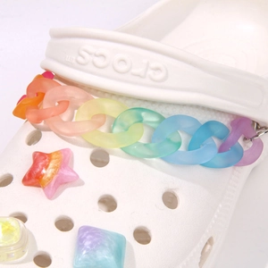 Colorful gradient rainbow chain and cute resin charms on white clogs shoes accessories
