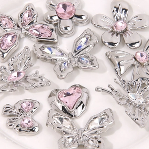 Silver shoe charms set with butterfly heart flowers and pink rhinestones for DIY