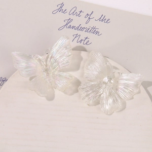 Macro shot of AB iridescent acrylic butterfly charms with translucent fairy wing texture
