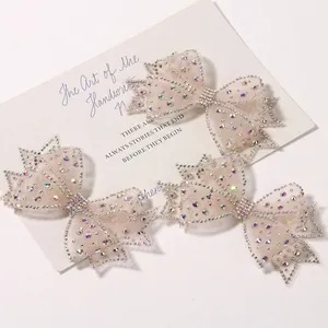 Elegant champagne mesh bow hair clips with sparkling rhinestones for DIY accessories