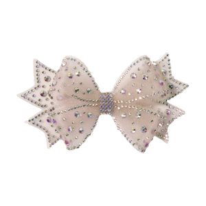 Elegant mesh bow hair clip with colorful AB rhinestones on a clean white background