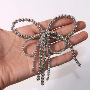 Silver beaded bow charm with elegant tassels for hair clips or shoe decorations