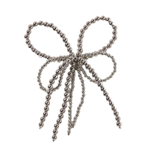 Elegant silver beaded bow accessory with cascading metallic tassels on a white background