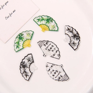 Acrylic fan-shaped pendants with ink bamboo patterns and calligraphy for DIY jewelry