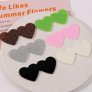 Acrylic double heart jewelry charms in six assorted colors with glitter finish